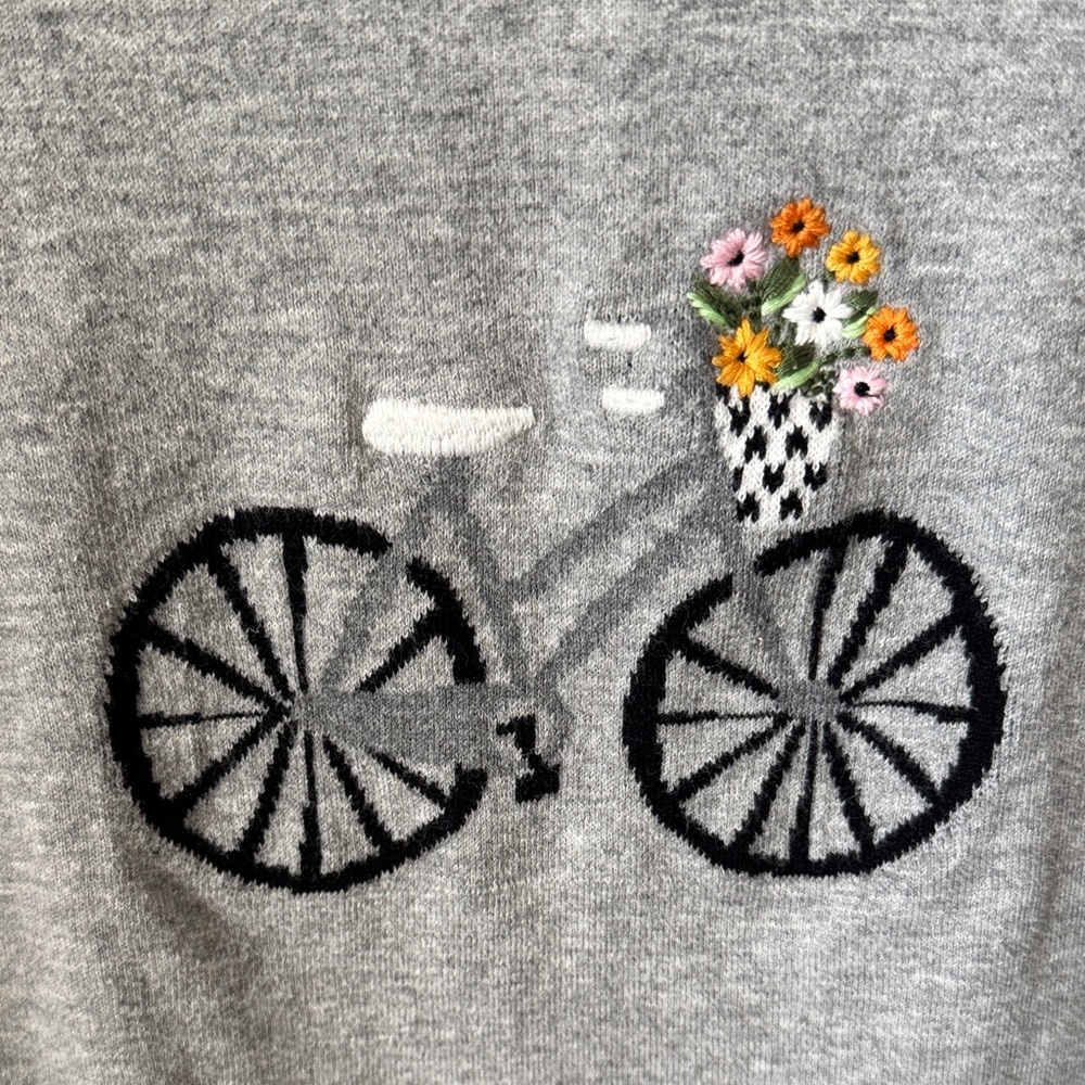 LOFT Gray Crewneck Sweater with Embroidered Bicycle and Floral Basket - Picture 4 of 5